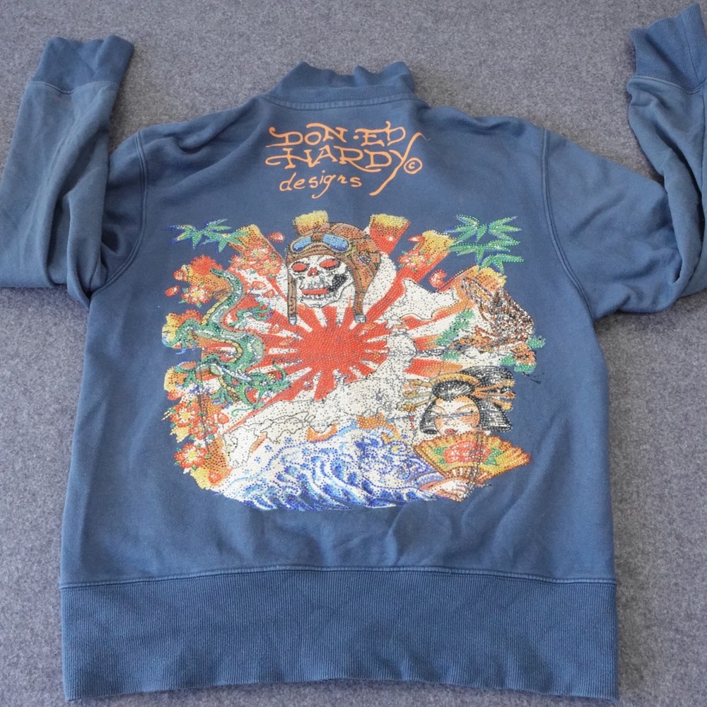 Ed Hardy Christian Audigier Rhinestone Skull Zip Up Sweatshirt Blue Mens Large‎